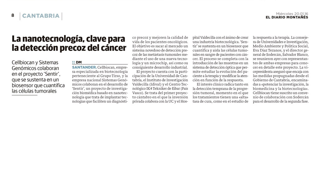 Grupo Tirso, Cellbiocan, Proyecto Sentir, Empresa biotecnologica, detección ctc's
